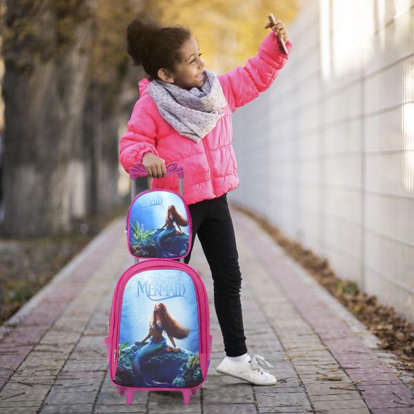 Imagem de Mochila Escolar Pequena Sereia Rosa Rodinha Criança Passeio