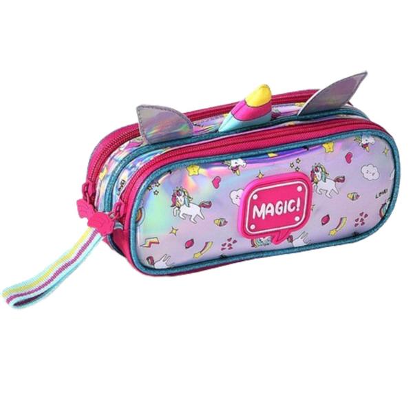 Imagem de Mochila Escolar Rodinhas Holográfica Unicórnio + Lancheira + Estojo Kit Bolsa Infantil Menina Criança Pequena