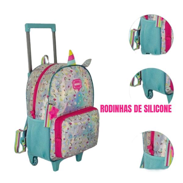 Imagem de Mochila Escolar Rodinhas Holográfica Unicórnio + Lancheira + Estojo Kit Bolsa Infantil Menina Criança Pequena