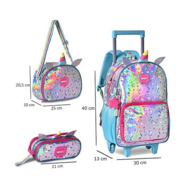 Imagem de Mochila Escolar Rodinhas Holográfica Unicórnio + Lancheira + Estojo Kit Bolsa Infantil Menina Criança Pequena