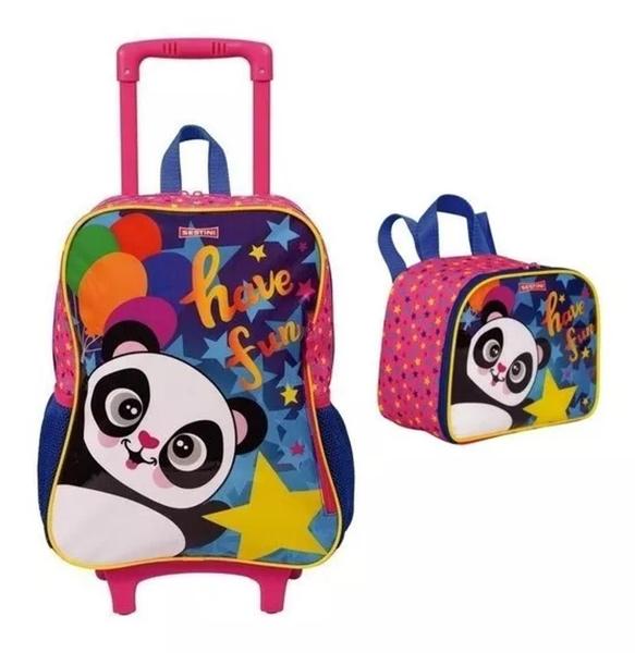 Imagem de Mochila Escolar Sestini Panda Fun Rodinhas G + Lancheira