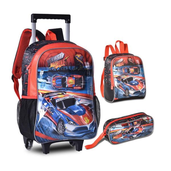 Imagem de Mochila estojo e lancheira escolar carros fast machine