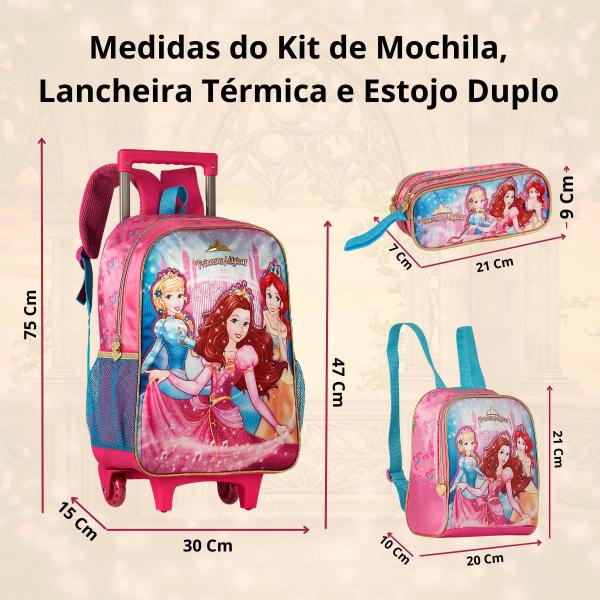 Imagem de Mochila Feminina Escolar Infantil de Rodinhas Princesas Kit Lancheira Térmica Estojo Divisória Clio Atyle Material Escolar