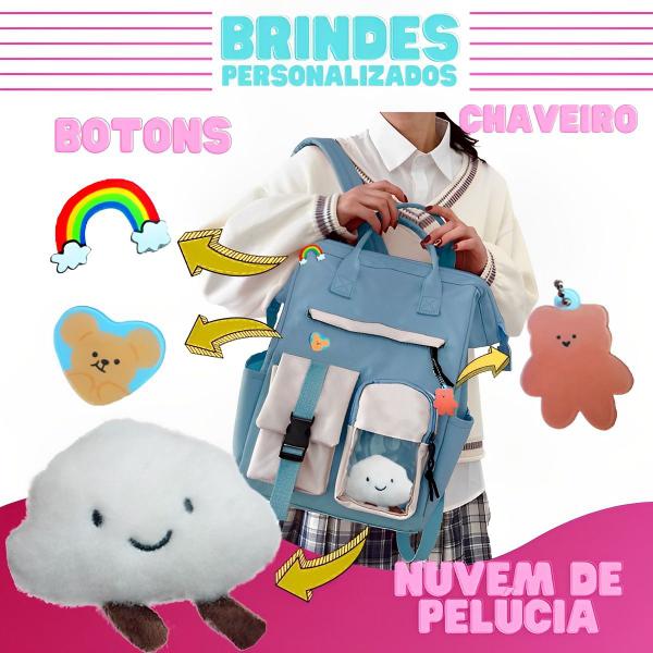 Imagem de Mochila Feminina Semi Impermeavel Juvenil Colorida Chaveiros Nuvem Novidade Original Compartimento Notebook Escolar