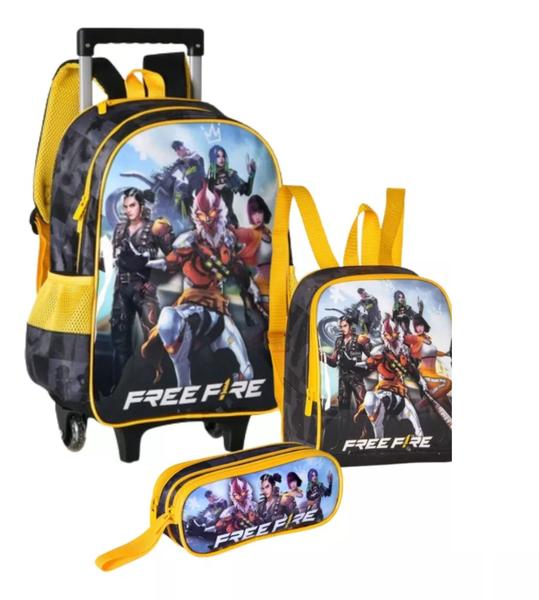 Imagem de Mochila Free Fire de Rodinha e Costas com Capuz, Clio, Escolar, com estojo e Lancheira