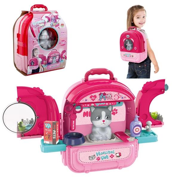 Imagem de Mochila Hospital Pet Cat Gato Infantil 2 em 1 Com Acessórios DM Toys DMT6803