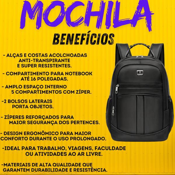 Imagem de Mochila Impermeável Reforçada Notebook Preta 4 Bolsos Frontais 2 bolsos Laterias