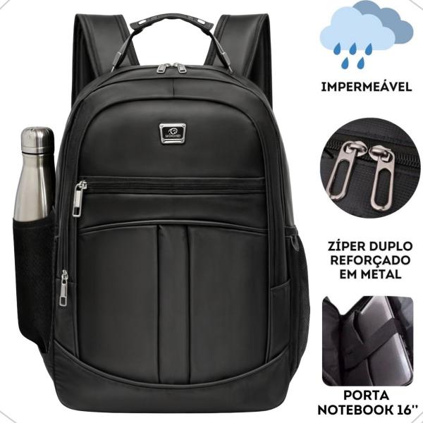 Imagem de Mochila Impermeável Reforçada Notebook Preta 4 Bolsos Frontais 2 bolsos Laterias