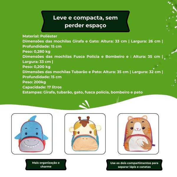 Imagem de Mochila infantil com alça estampa tubarão pato girafa gato polícia bombeiro escolar volta às aulas