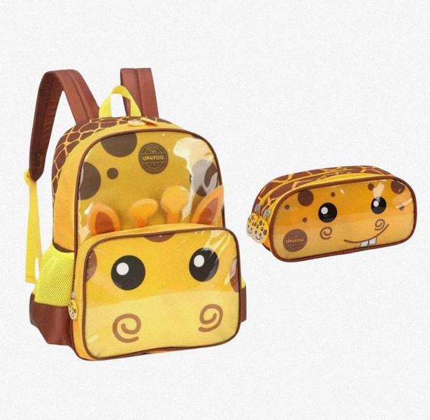 Imagem de Mochila Infantil Costas + Estojo Duplo Girafa Luxcel Amarelo