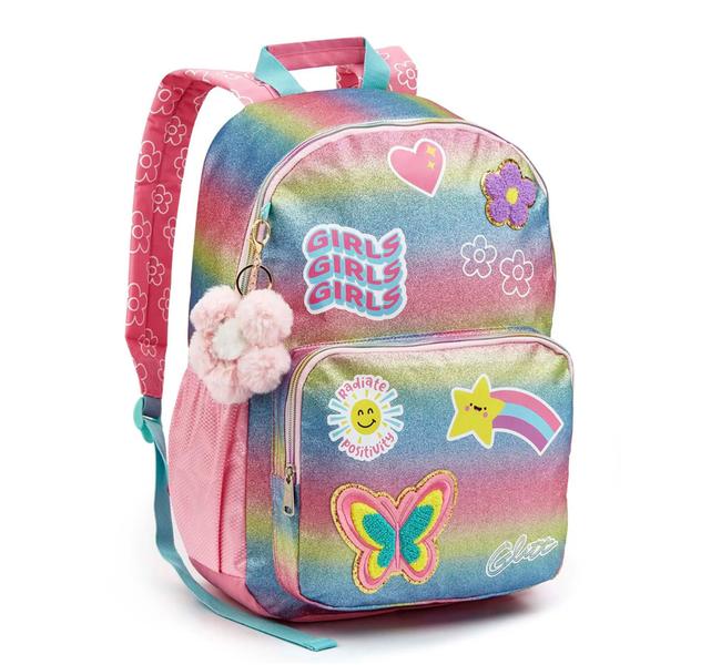 Imagem de Mochila Infantil Menina Escolar Arco-Íris Com Glitter Pompom Patch Reforçado Feminina