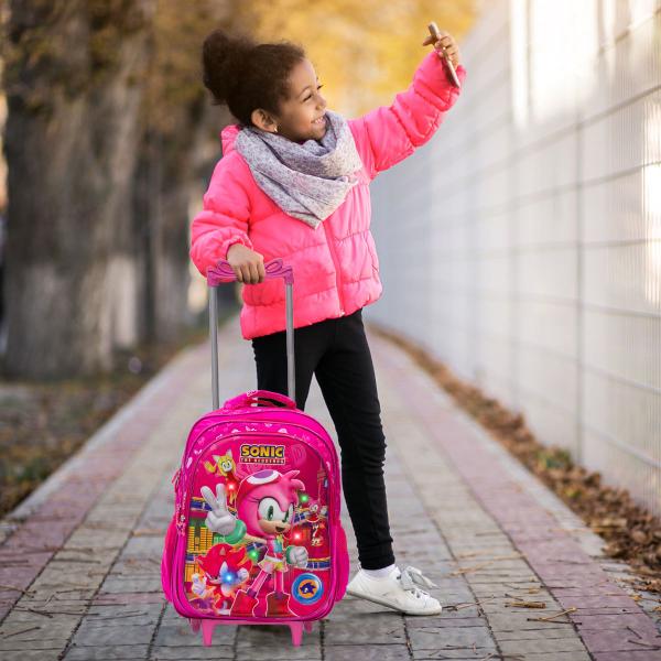 Imagem de Mochila Infantil Rodinha Amy Rose 3D Led Reforçada Cor Rosa