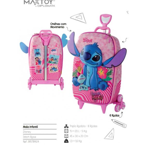 Imagem de Mochila infantil rodinha tripla 3D Stitch Rosa Diplomata