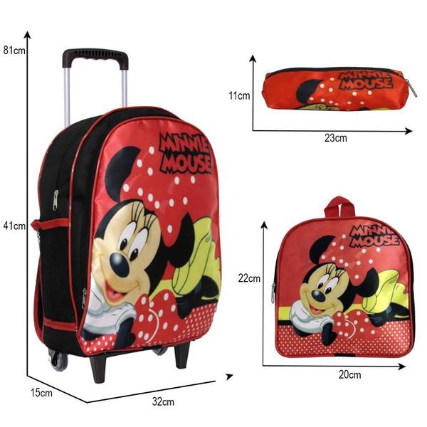 Imagem de Mochila Infantil Rodinhas Minnie Lancheira Estojo Vermelho