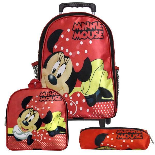 Imagem de Mochila Infantil Rodinhas Minnie Lancheira Estojo Vermelho