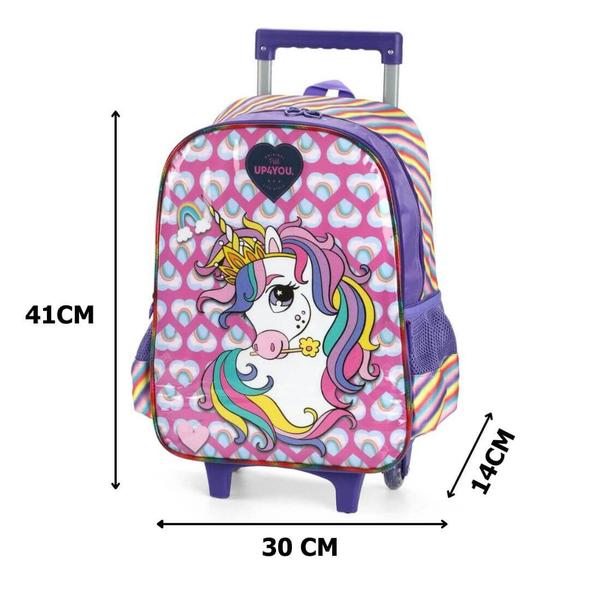 Imagem de Mochila Infantil Rodinhas Unicórnio Up4You com Lancheira e Estojo Roxo