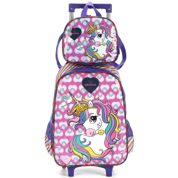 Imagem de Mochila Infantil Rodinhas Unicórnio Up4You com Lancheira Roxo e estojo Azul