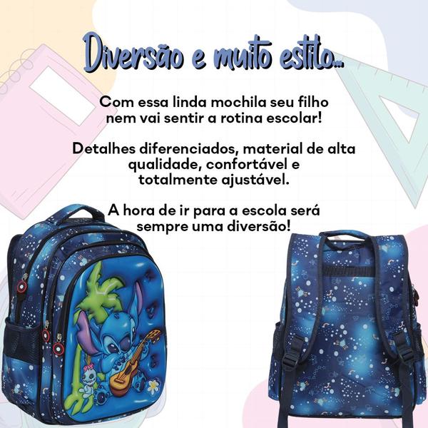 Imagem de Mochila Infantil Stitch Costas Tam G 3D Resistente Cor Azul