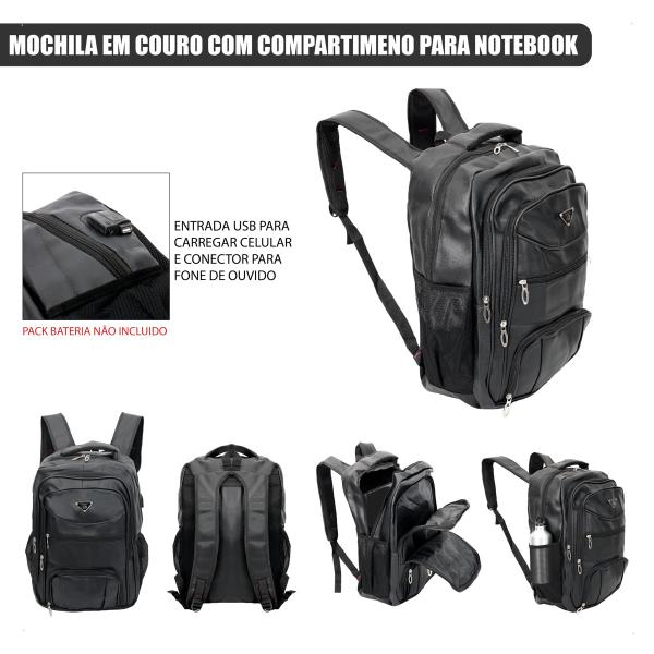 Imagem de Mochila Masculina Couro Reforçada Impermeável Executiva Notebook Saida Usb Para Viagem Uso Dia Dia  Preto