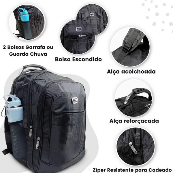 Imagem de Mochila Masculina Faculdade Executiva para Notebook Impermeável Resistente Grande 4 Compartimentos Preta Kit Material Escolar Infantil 