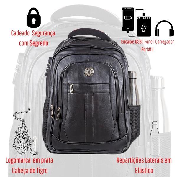 Imagem de Mochila Masculina Feminina Couro Cadeado Antifurto Notebook USB + Mala de Viagem Alça de Mão Transversal Preta