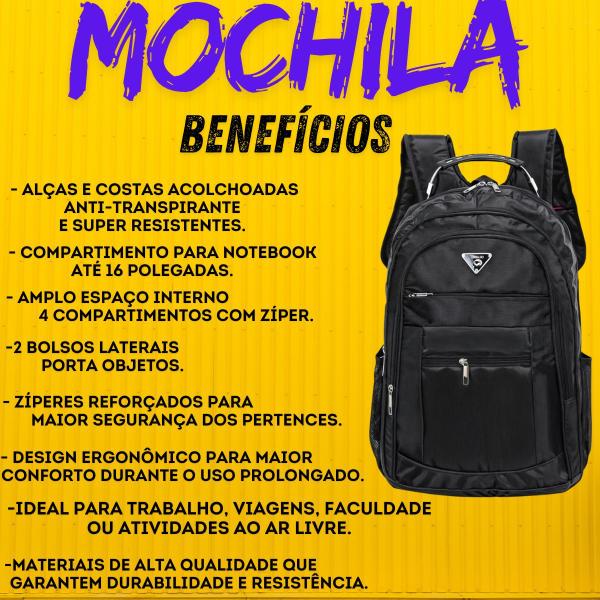 Imagem de Mochila Masculina Feminina Escolar Notebook Reforçada Com Cabo De Aço Preto