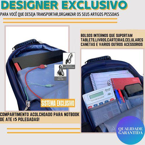 Imagem de Mochila Masculina Feminina Notebook Reforçada Escolar Faculdade Trabalho Viagem Dia a Dia Resistente a Água Saída usb Fone