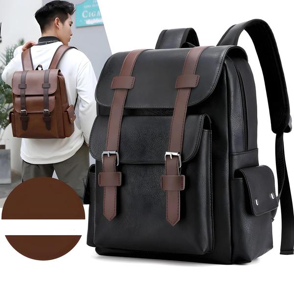 Imagem de Mochila Masculina Grande de Couro PU - Para Laptop - Preto e Marrom