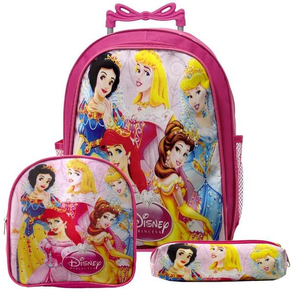 Imagem de Mochila Menina Infantil Princesas Rodinhas Lancheira Estojo