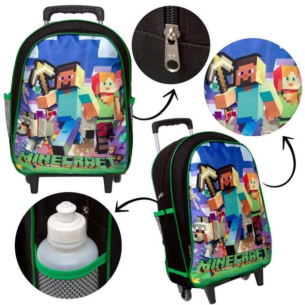 Imagem de Mochila Menino Infantil Rodinha Minecraft Lancheira Estojo