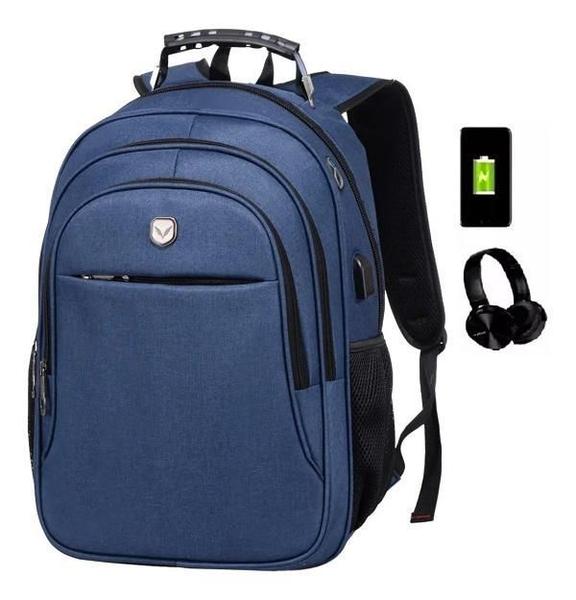 Imagem de Mochila Notebook Entrada Usb E Fone Masculina Feminina Azul