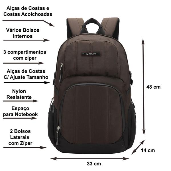 Imagem de Mochila Nylon Marrom Notebook 14,5 Pol. Tablet 3 Divisões Resistente Reforçada Escola Trabalho Academia Vivatti