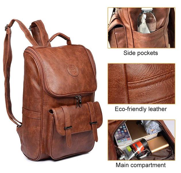 Imagem de Mochila para laptop QWARVEL Vegan Faux Leather impermeável marrom