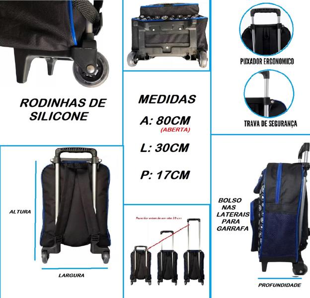 Imagem de Mochila Para Meninos TAM G Com Rodinhas De Silicone E Bolsos Laterais Bolso Lápis