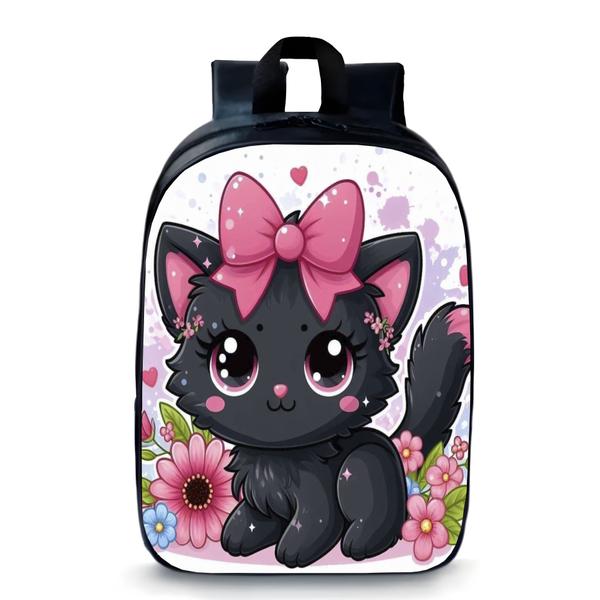 Imagem de Mochila  pequena pré escolar creche infantil anime gatinha preta com laço na cabeça fofa