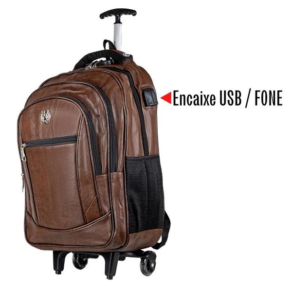 Imagem de Mochila Rodinha Carrinho Executiva Moderna Couro Notebook com Entrada USB Marrom