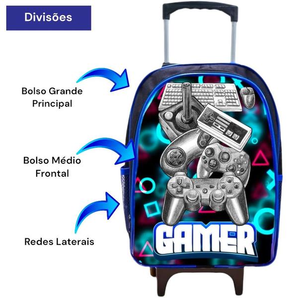 Imagem de Mochila Rodinha Escolar Infantil Masculina Menino Gamer - Cabe Cadernos e Livros Grandes