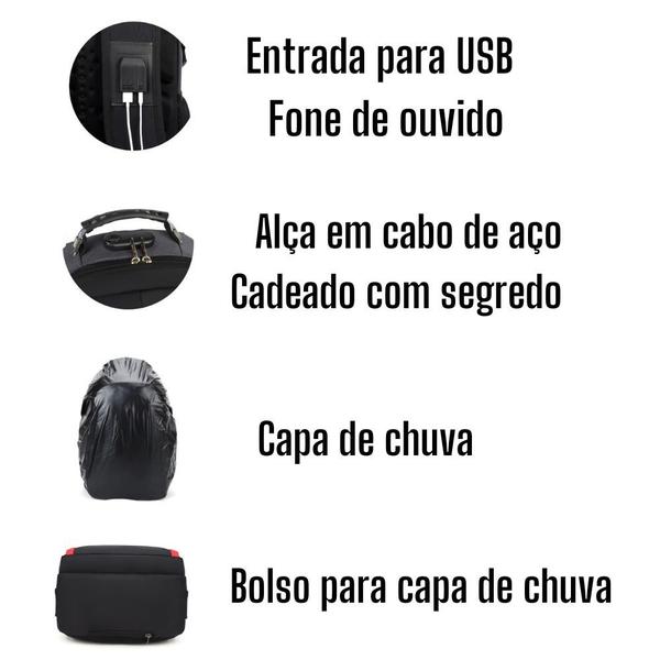 Imagem de Mochila Unissex Notebook com Cadeado, Entrada para USB/ Fone de ouvido e capa de Chuva - Movitour Chill