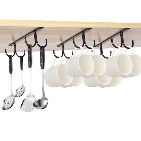 Imagem de Mocoum sob o armário Caneca Rack, Organizador de Caneca Rústica Suporte de Copo Sob Prateleira 12 Ganchos Suspensos Rack para Canecas, Copos de Café e Utensílios de Cozinha Display (Preto-3 Pack-12 Ganchos)