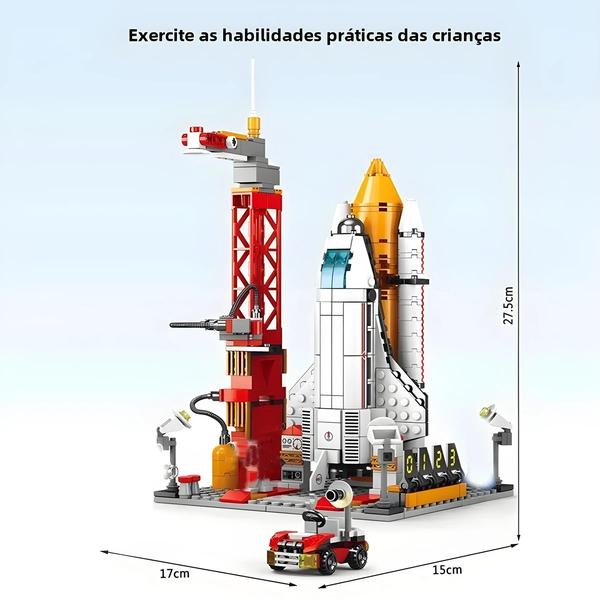 Imagem de Modelo de Centro de Lançamento Espacial para Crianças - Blocos de Construção Criativos com Foguete e Ônibus Espacial