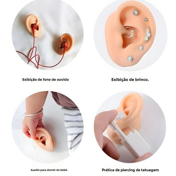 Imagem de Modelo de Orelha de Silicone para Prática de Tatuagem e Piercing - Exibição de Joias