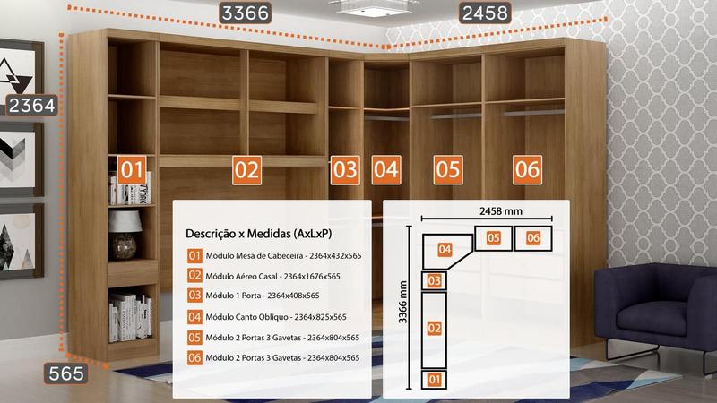 Imagem de Modulado Completo Casal 6 Portas 6 Gavetas - Rizon-Cumaru/Fendi - Móveis Novo Horizonte