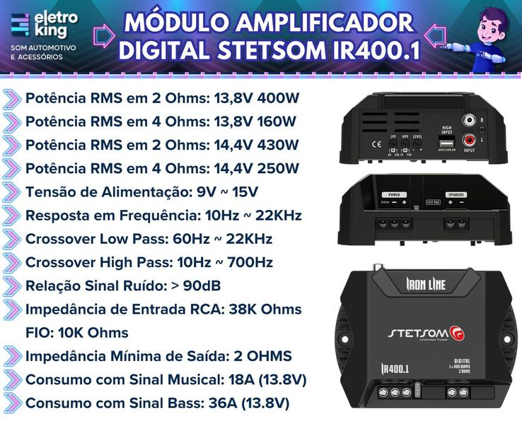 Imagem de Módulo Amplificador Digital Stetsom Iron Line IR 400.1 400 Watts RMS 1 Canal - 2 Ohms