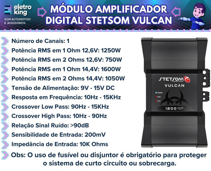 Imagem de Módulo Amplificador Digital Stetsom Vulcan 1200 Watts Rms 1 Canal - 1 Ohm