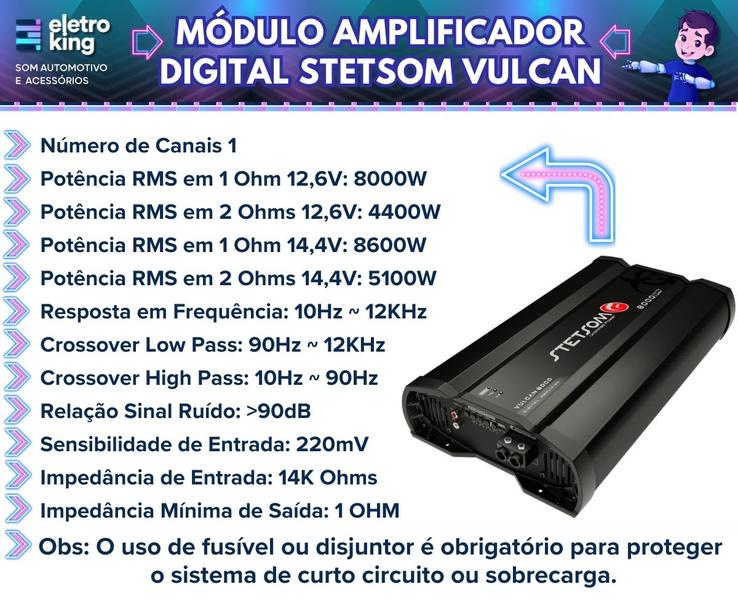 Imagem de Módulo Amplificador Digital Stetsom Vulcan 8000 Watts Rms 1 Canal - 1 Ohm