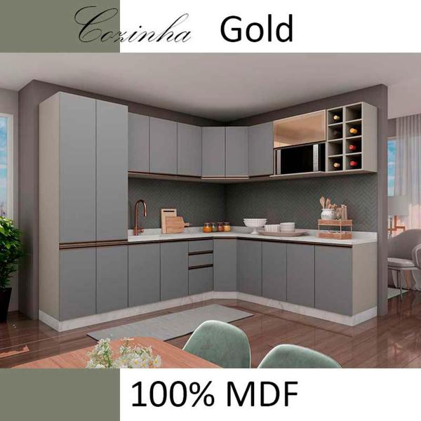 Imagem de Módulo Armário Aéreo 88x60 2 Portas 100% MDF Cozinha Modulada Gold Robel Fendi/Cinza