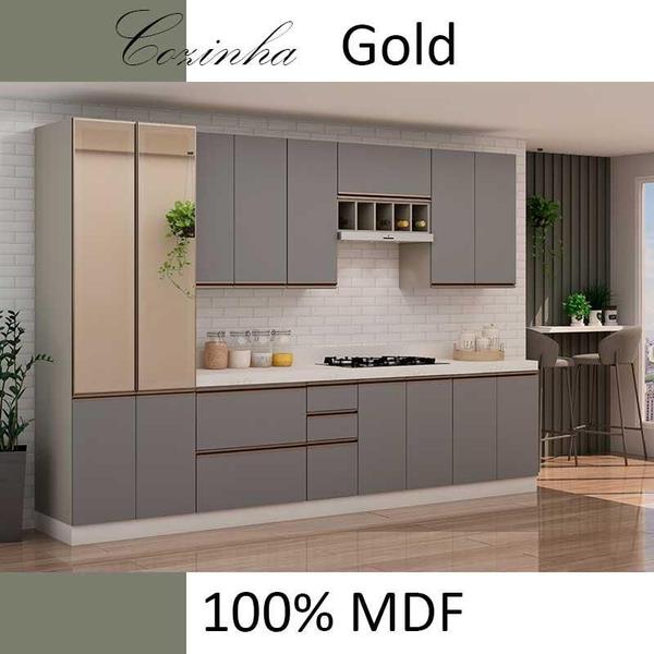 Imagem de Módulo Balcão 70cm 1 Gaveta 1 Porta Basculante 100% MDF Cozinha Modulada Gold Robel Fendi/Cinza