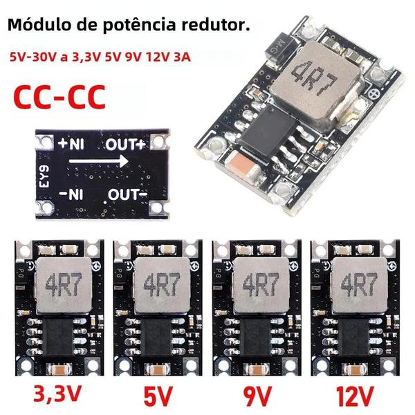 Imagem de Módulo Conversor Buck DC-DC Ajustável 5V-30V para 3.3V/5V/9V/12V (3A) - Carregamento de Bateria