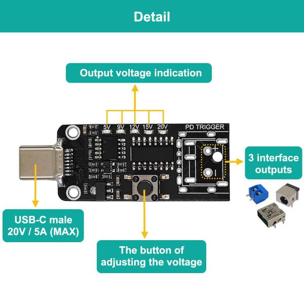 Imagem de Módulo de gatilho HUNSOOL USB-C QC PD3.0 Tipo C 5V 9V 12V 15V 20V