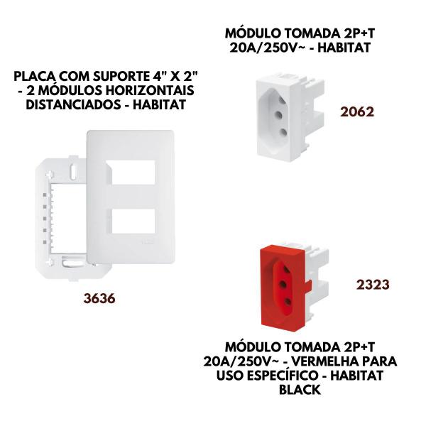 Imagem de Módulo de Tomada  Padrão 2P+T 20A + Módulo de Tomada  Padrão 2P+T 20A Vermelho + Placa 4x2 2 Módulos Distanciados Série Habitat - Fame